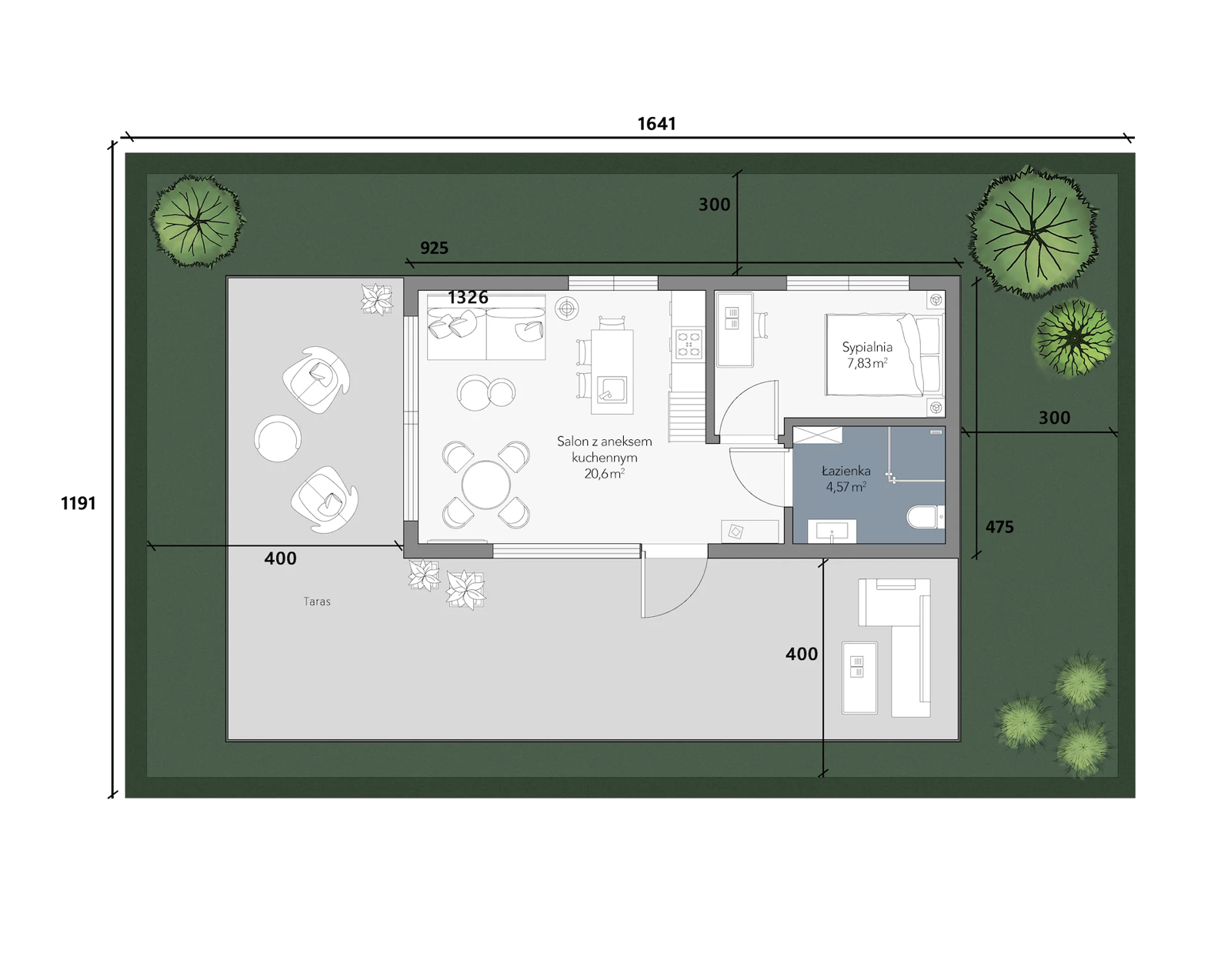 Rzut 2D poziomu dolnego z opisanymi pomieszczeniami: salon z aneksem kuchennym 20,6 m², sypialnia 7,83 m², łazienka 4,57 m² oraz taras