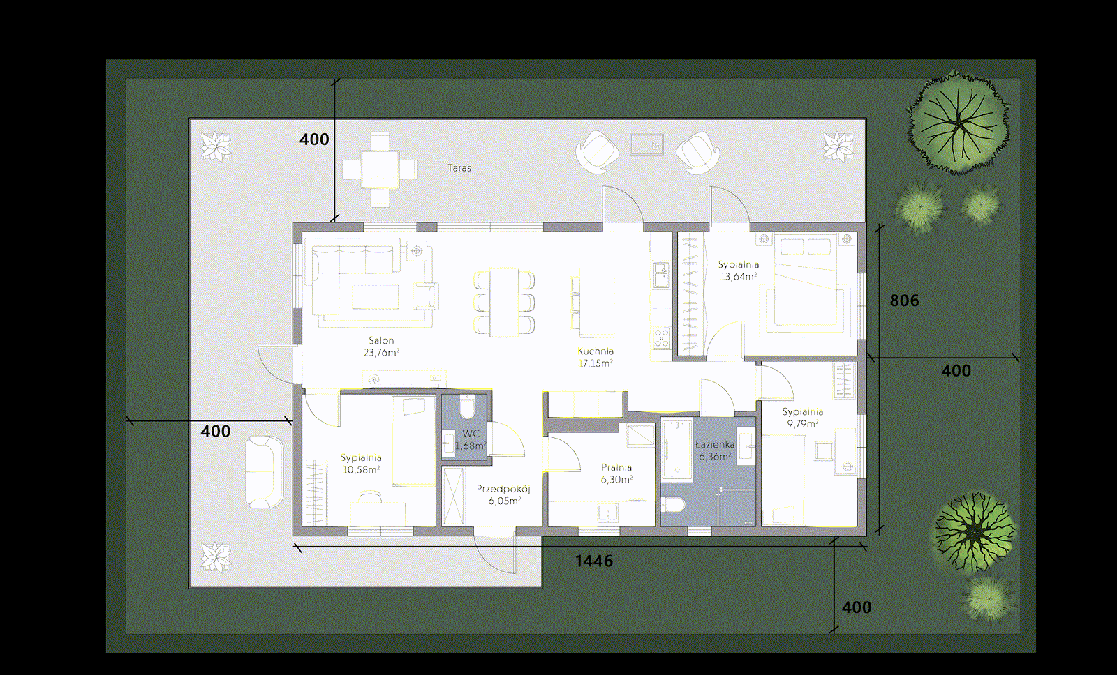 Rzut 2D parteru z metrażami: salon 23,76 m², kuchnia 17,15 m², sypialnie 13,64 m², 10,58 m² i 9,79 m², łazienka 6,36 m², pralnia 6,30 m², przedpokój 6,05 m², WC 1,68 m² oraz taras wzdłuż elewacji