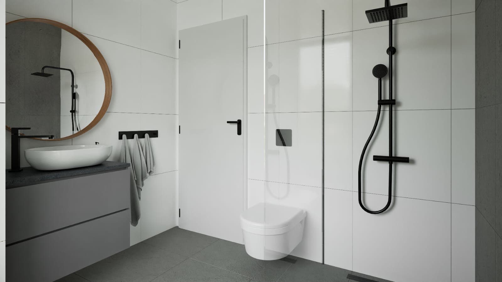 Druga łazienka z prysznicem walk-in, wiszącą toaletą i okrągłym lustrem w drewnianej ramie